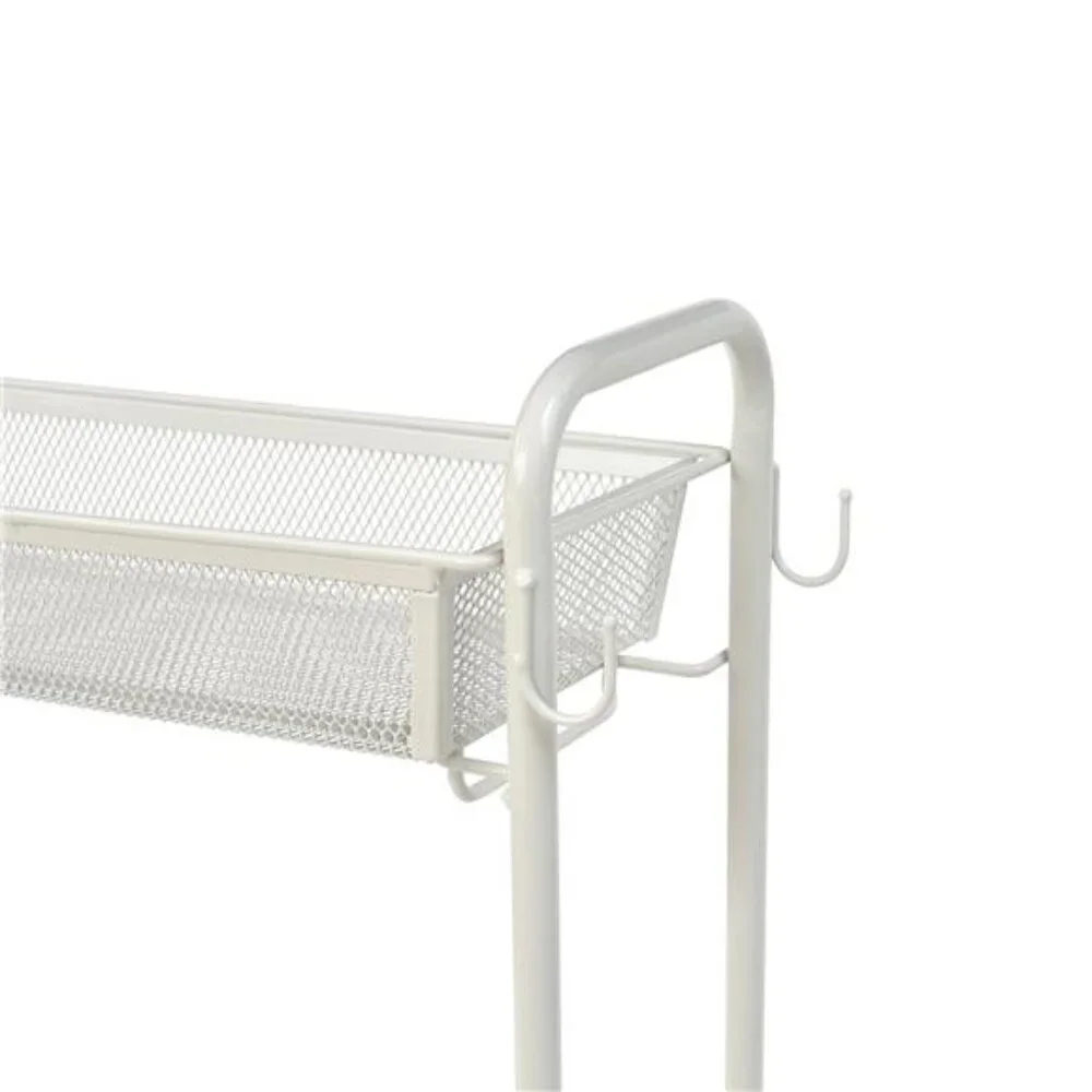 Slim 3-Tier Rolling Bathroom Storage Cart with Hooks, White